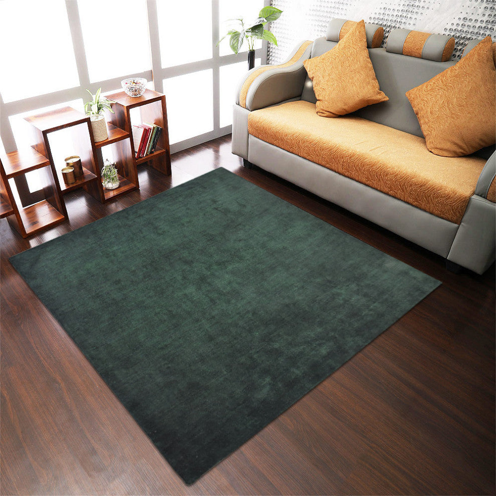 Hand Knotted Loom Silk Mix Area Rugs Solid Dark Green