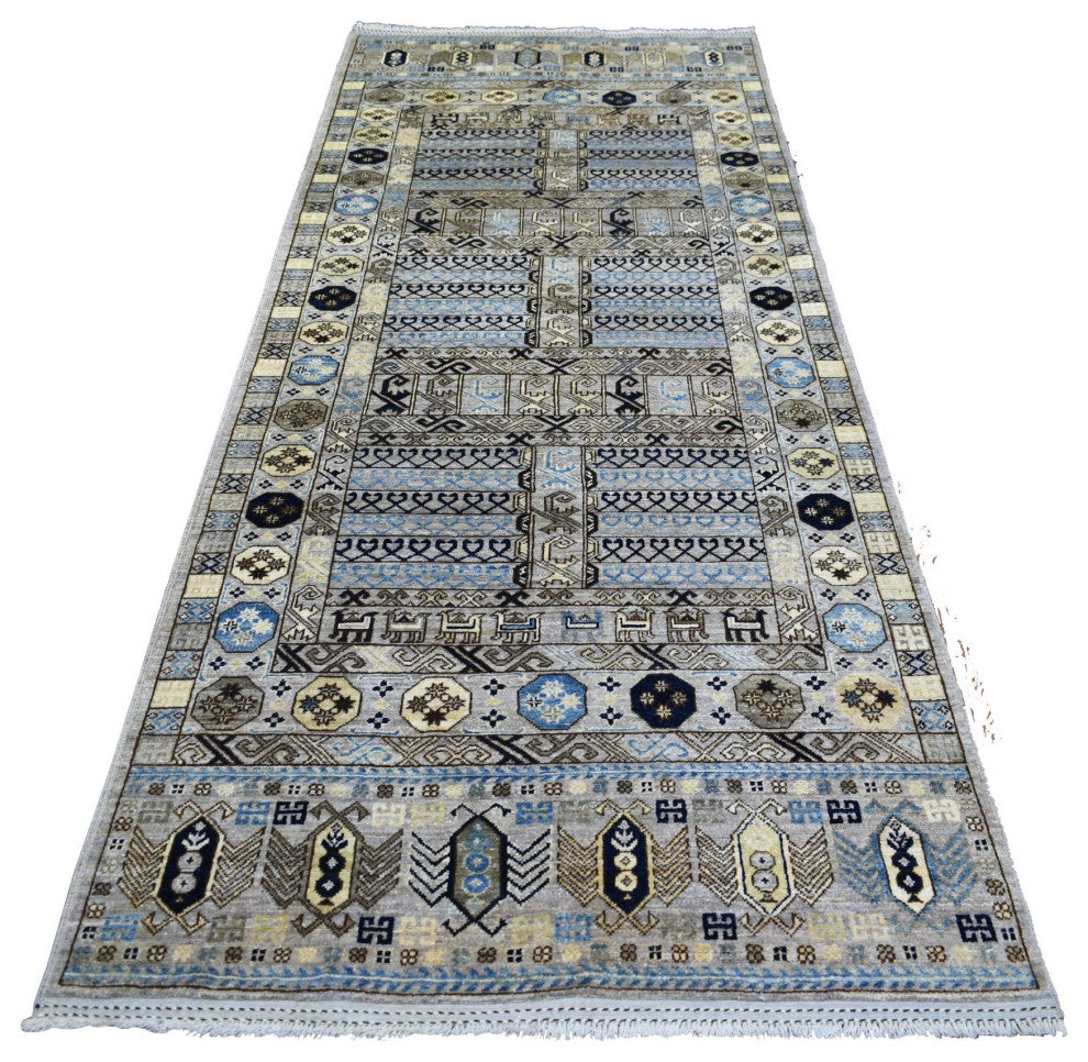Light Gray, Turkeman Ersari Pure Wool Hand Knotted Wide Runner Rug, 4'1" x 9'7"