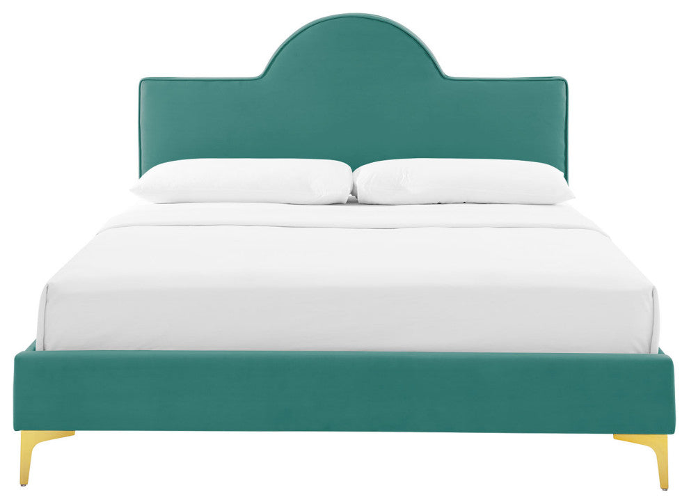 Platform Bed Frame, King Size, Teal Blue, Velvet, Modern, Bedroom Guest Suite