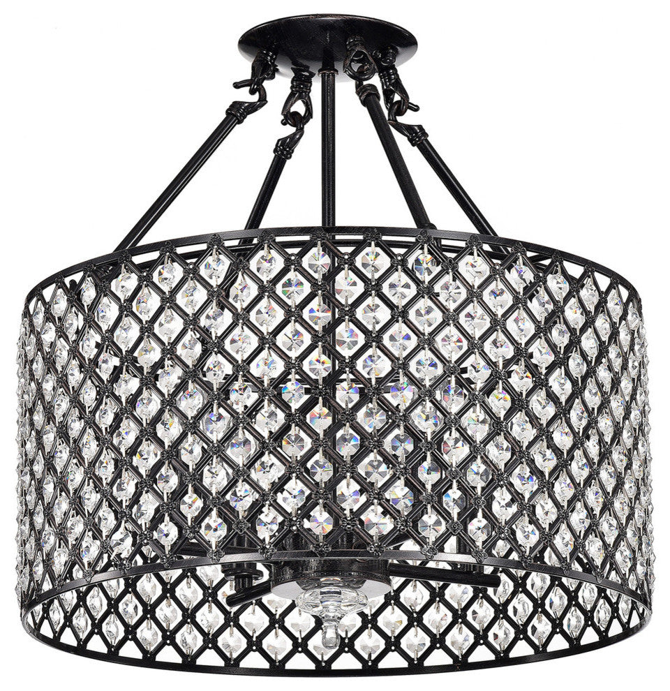 Marya 4-Light Antique Black Beaded Drum Semi Flush Mount Crystal Chandelier