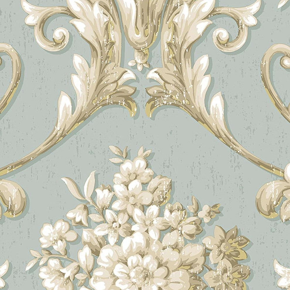 Classic Silks 2, Damask Stripes Silk Emboss Green, White Wallpaper Sample