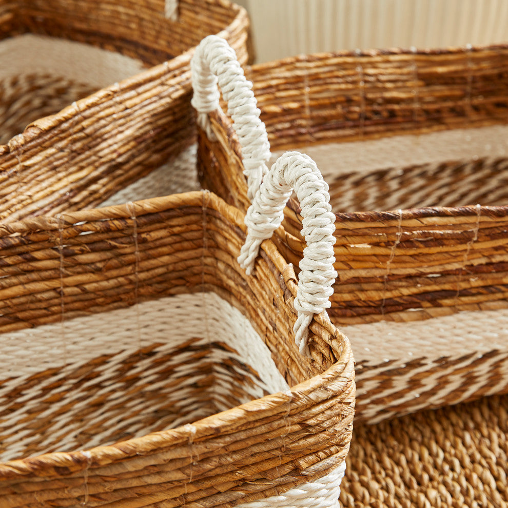 Set 3 Coastal Casual Natural Raffia Wide White Stripe Tote Baskets Handle Large