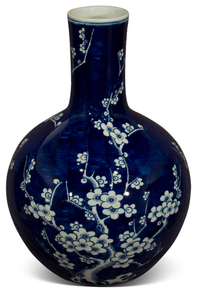 Blue and White Cherry Blossom Flower Motif Chinese Porcelain Temple Vase