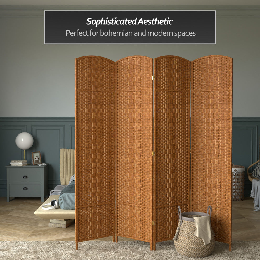 7' Tall Diamond Weave Room Divider, Dark Beige, 4 Panels
