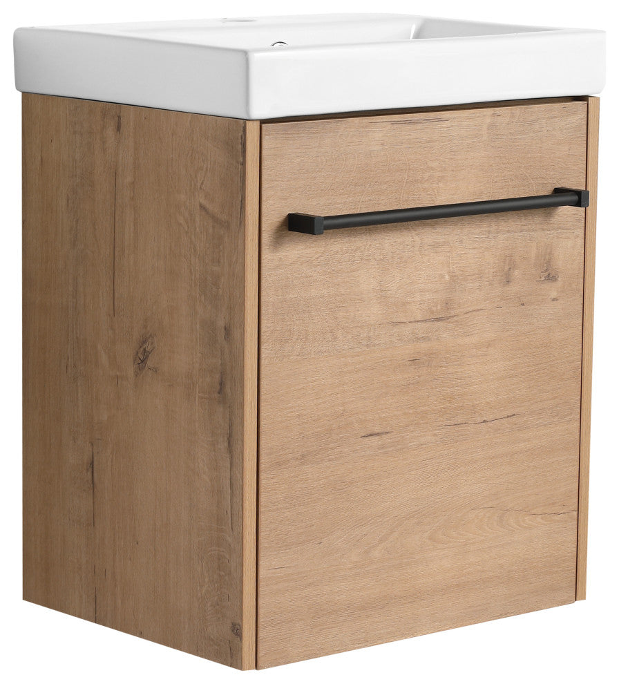 GDF Studio 18" Wall-Mounted Vanity, Ceramic Sink, Imitative Oak