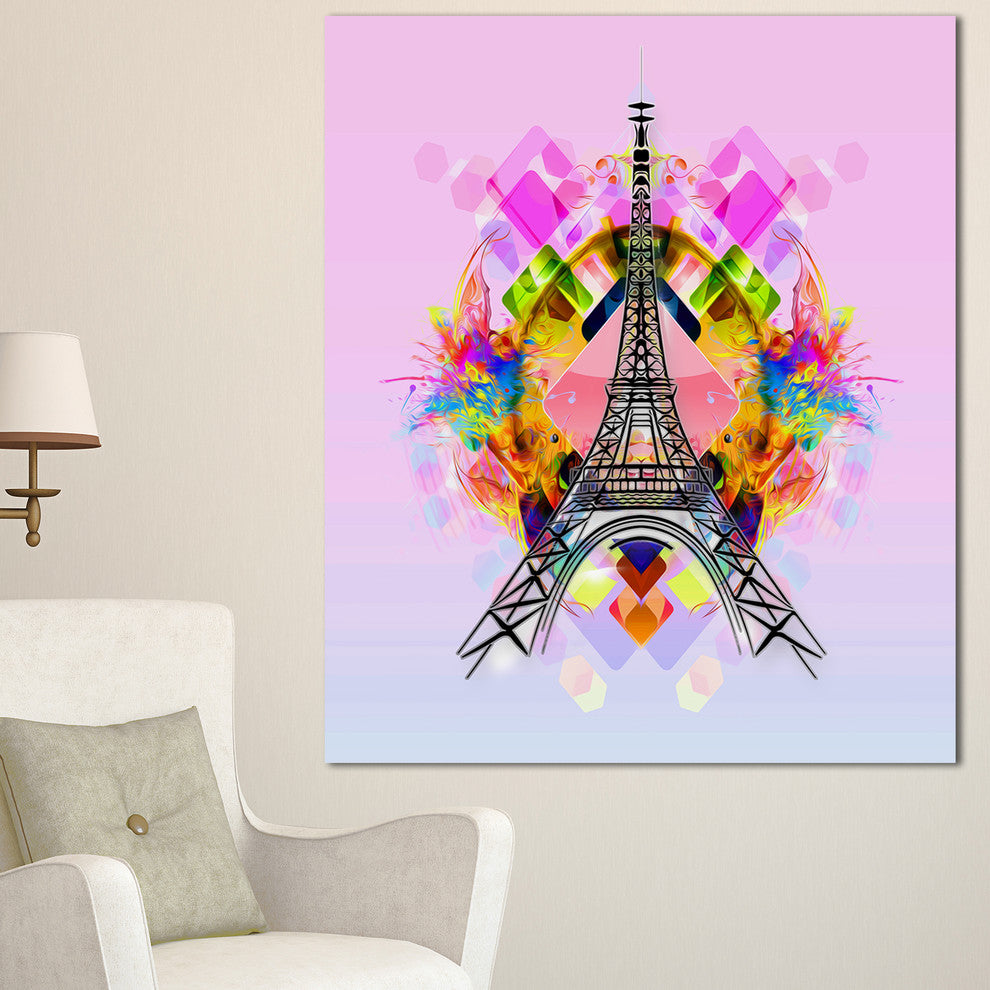 Bright Paris Eiffel TowerCartoon, Oversized Abstract Canvas Art, 30"x40"