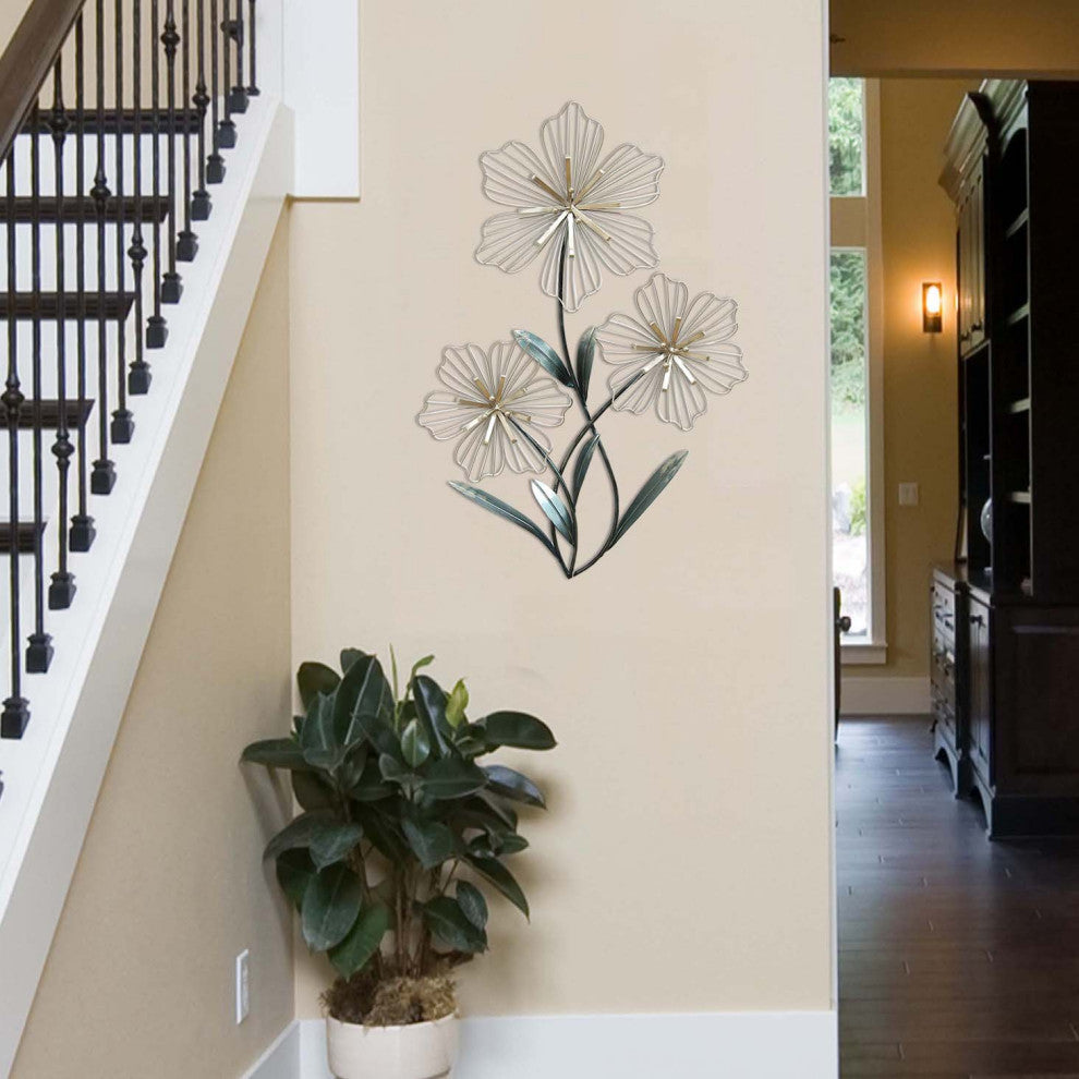 HomeRoots Silver and Blue Tri-Flower Metal Wall Decor