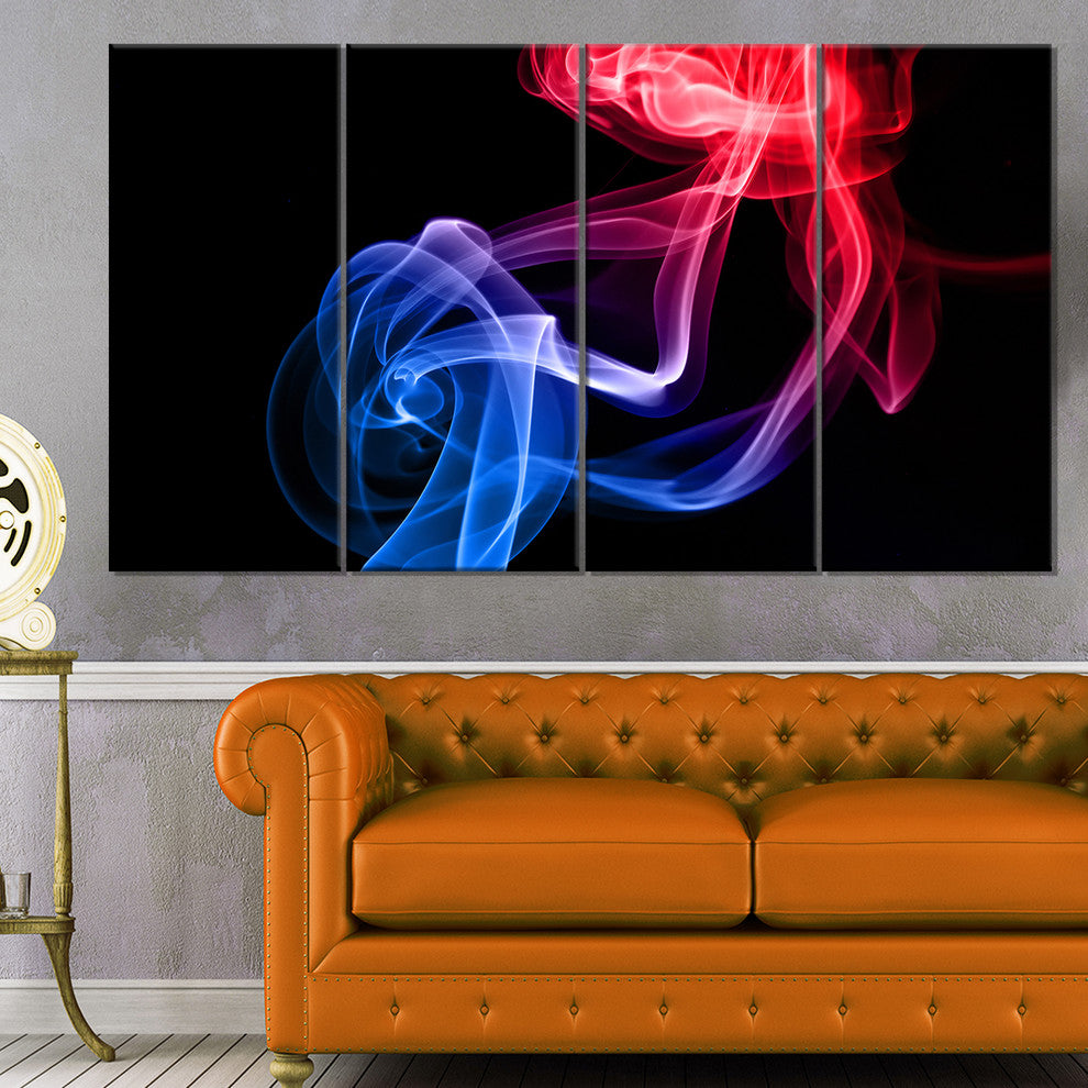 Blue Red Floating Smoke on Black, Abstract Canvas Wall Art, 48"x28", 4 Panels