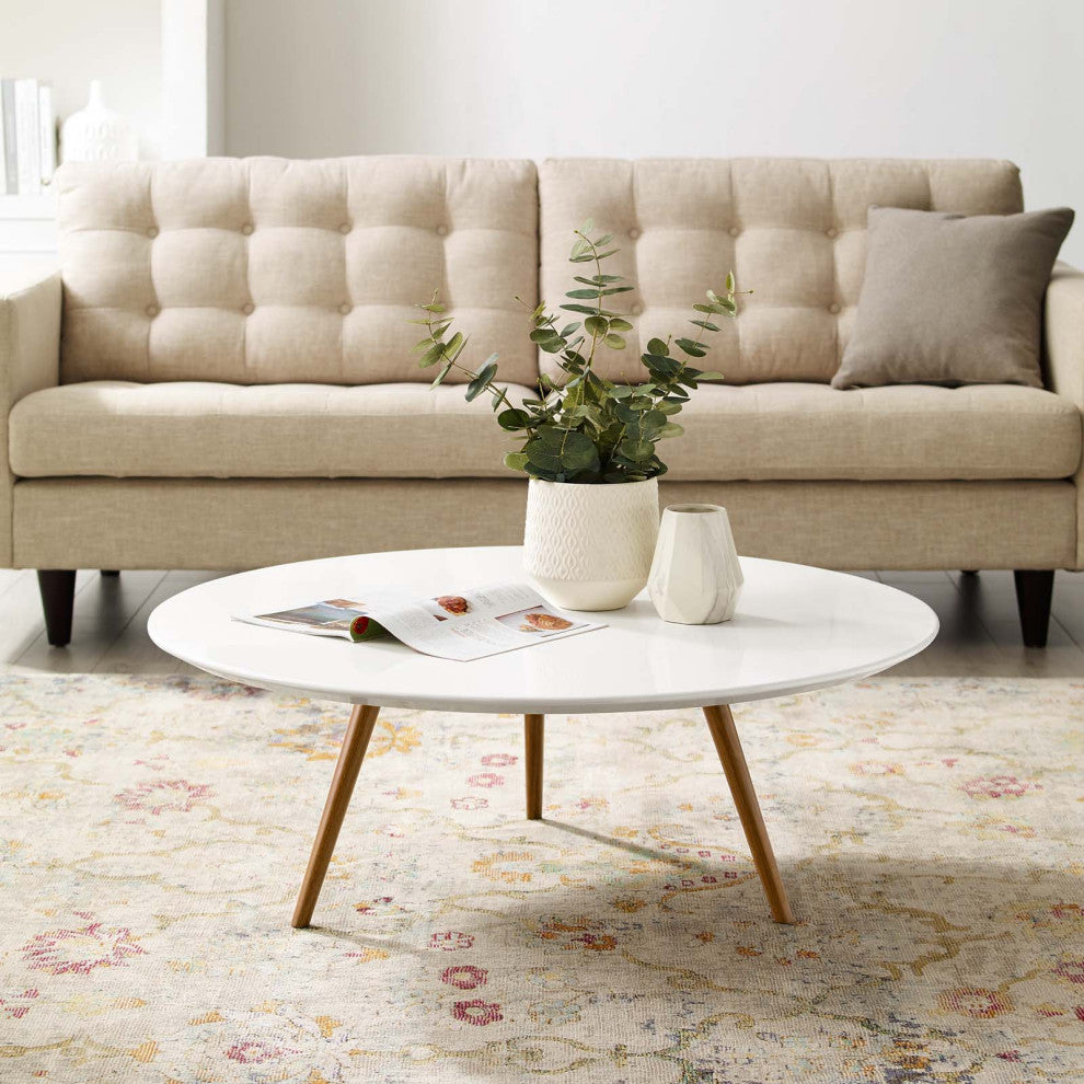 Modern Lounge Round Coffee Table, Wood Metal Steel, White Natural Walnut