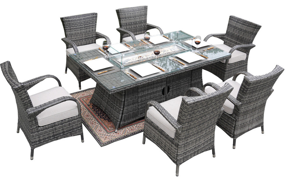7-Piece Outdoor Wicker Patio Dining Set with 6 Armchairs, Gray