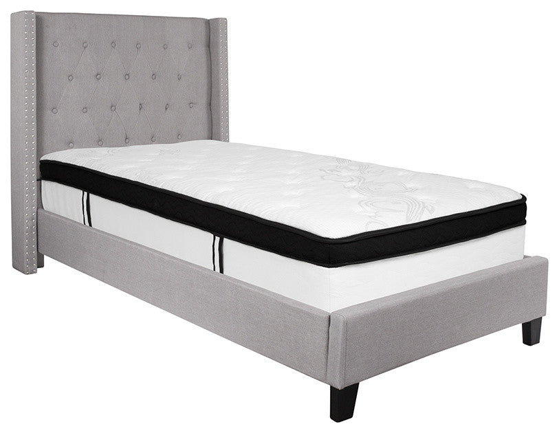 Twin Size Tufted Platform Bed in Light Gray Fabric with Memory Foam Mattress