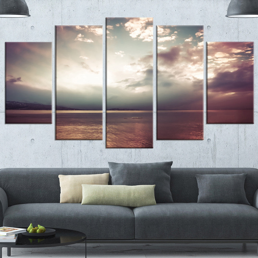 Dark Sunset with Dramatic Sky, Large Seashore Canvas Print, 60"x32", 5 Panels