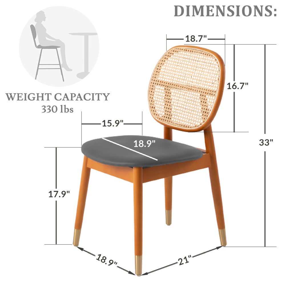 LeisureMod Holbeck Wicker Dining Chair With Leather Seat Set of 2, Grey