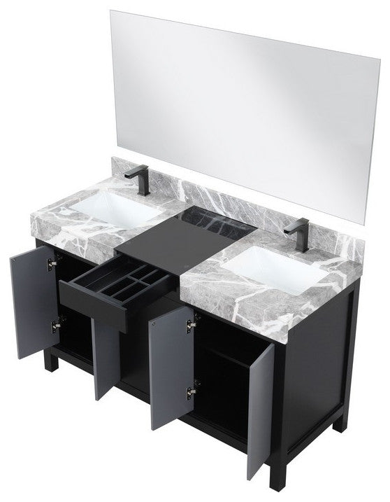 Zilara 55" Black and Grey Double Vanity Set, Balzani Gun Metal Faucet Sets
