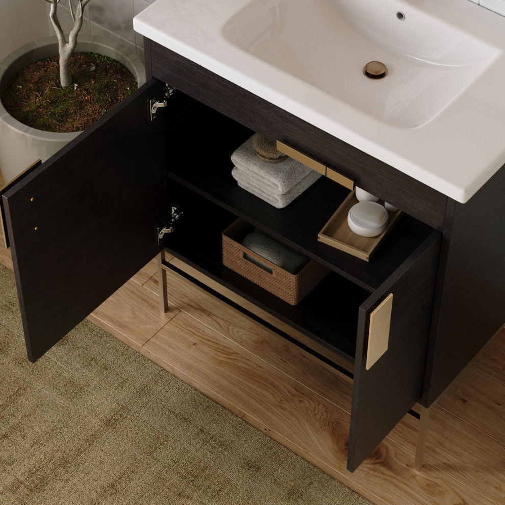Lockhart Bath Vanity, Black Oak, 30", Satin Brass Hardware, Single Sink, Freestanding