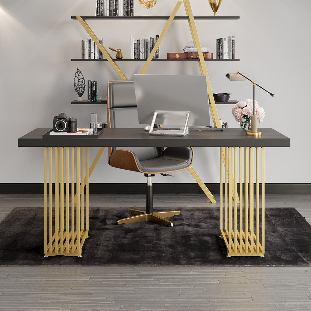 Modern Black Computer Desk Rectangular Desk with Solid Wood Table Top, Small