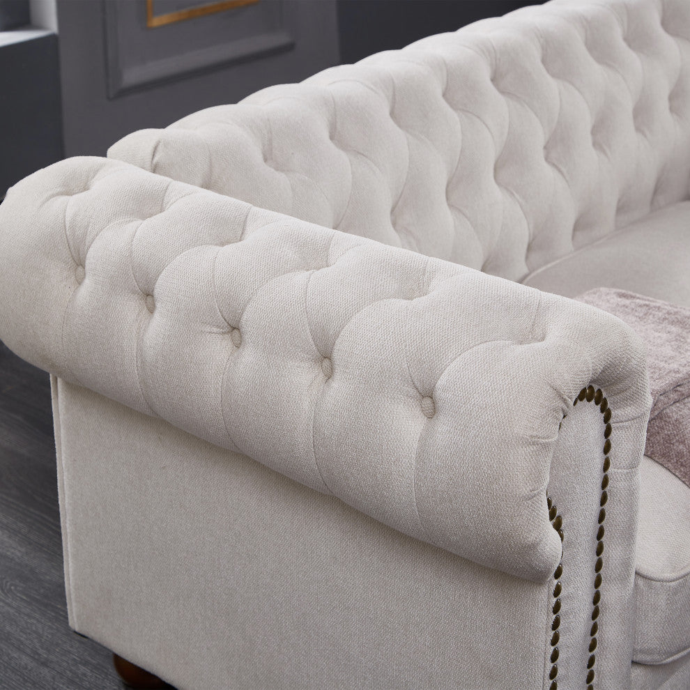 TATEUS linen fabric Chesterfield Large sofa Modern 3 Seater Couch  Beige