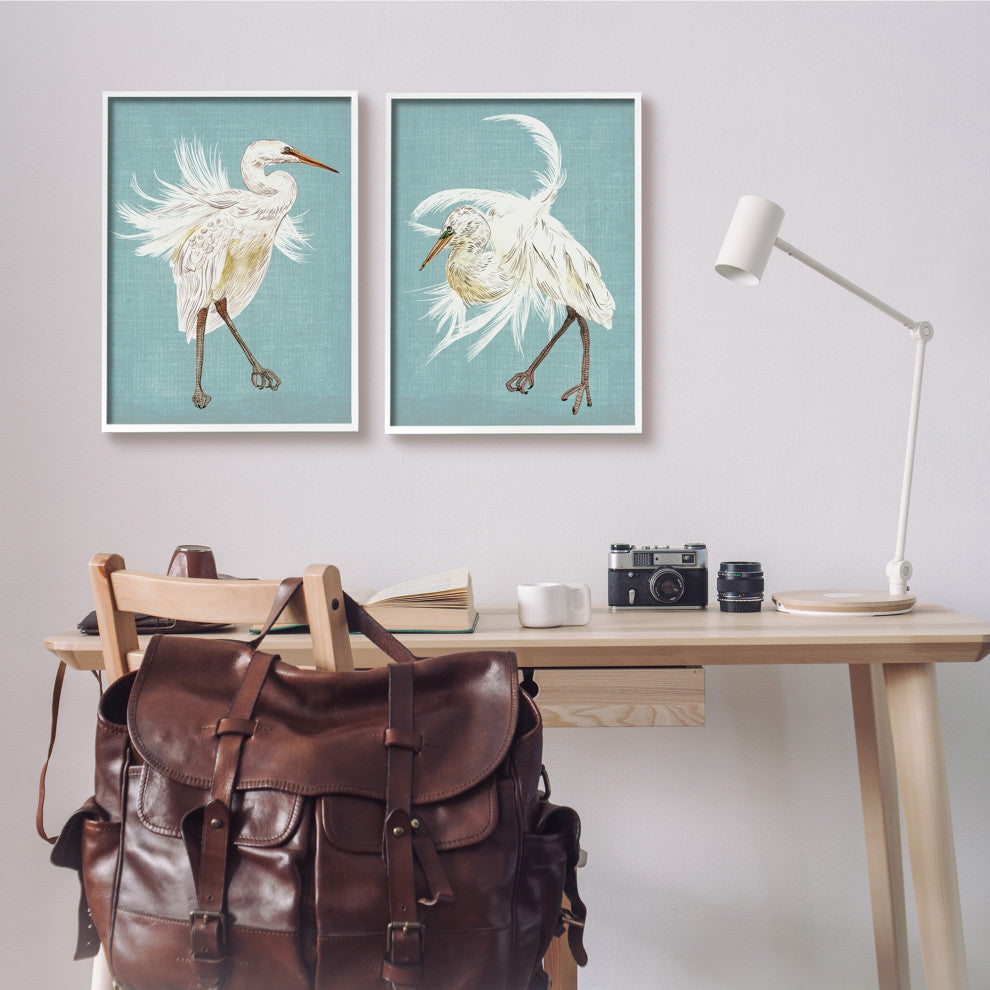 Dancing Heron Birds White Feathers over Blue,2pc, each 16 x 20