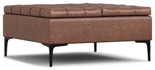 Laura Mid Century Lift Top Storage Ottoman, Distressed Saddle Brown