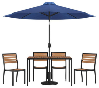 Lark 7 Pc Patio Set -4 Stacking Chairs, 30" x 48" Table & Umbrella with Base, Na