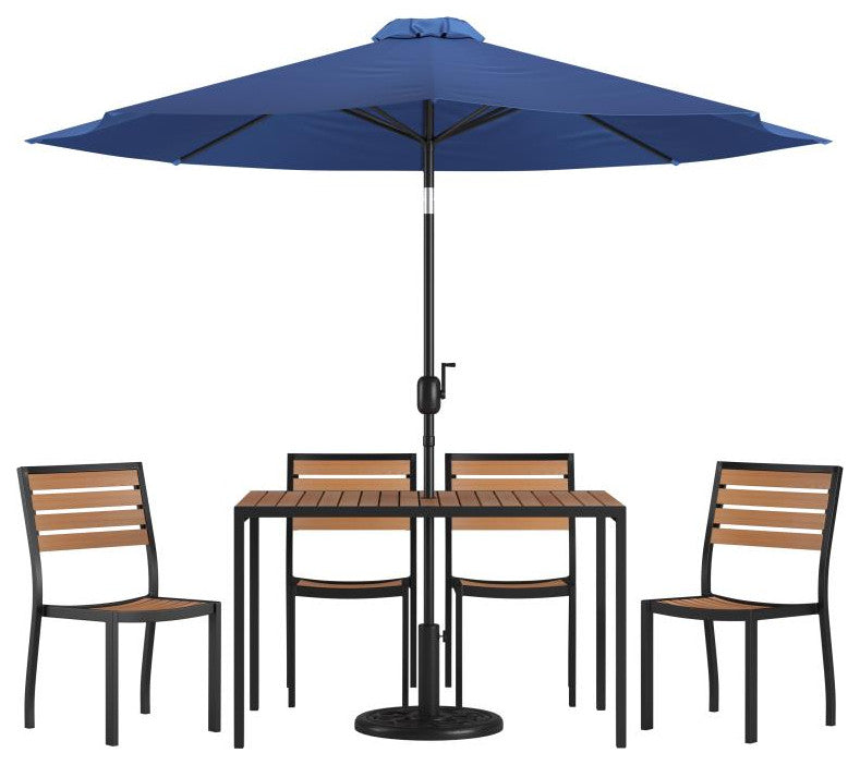 Lark 7 Pc Patio Set -4 Stacking Chairs, 30" x 48" Table & Umbrella with Base, Na