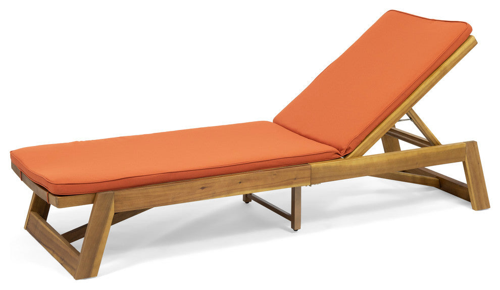 Charlotte Outdoor Acacia Wood Chaise Lounge and Cushion Set, Orange