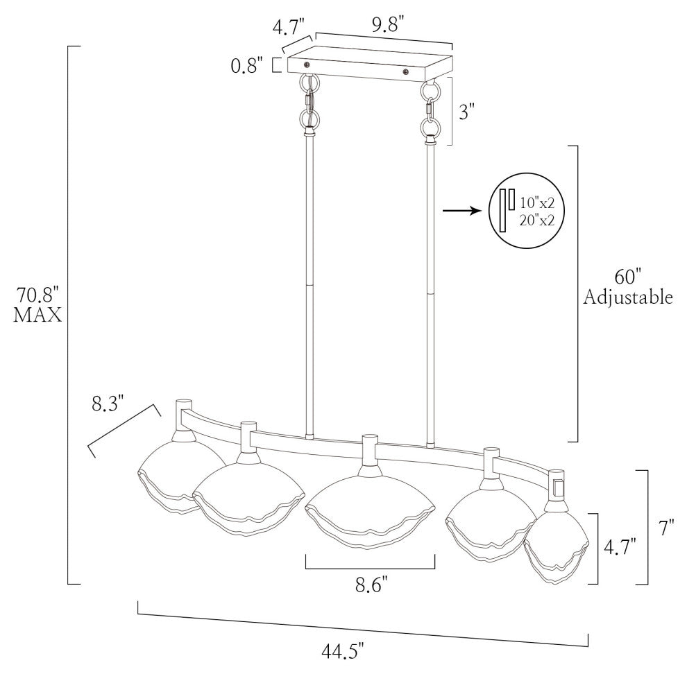 LNC Evangeline 5-Light 44.5" Modern Linear Glass Kitchen Island Light, Brass