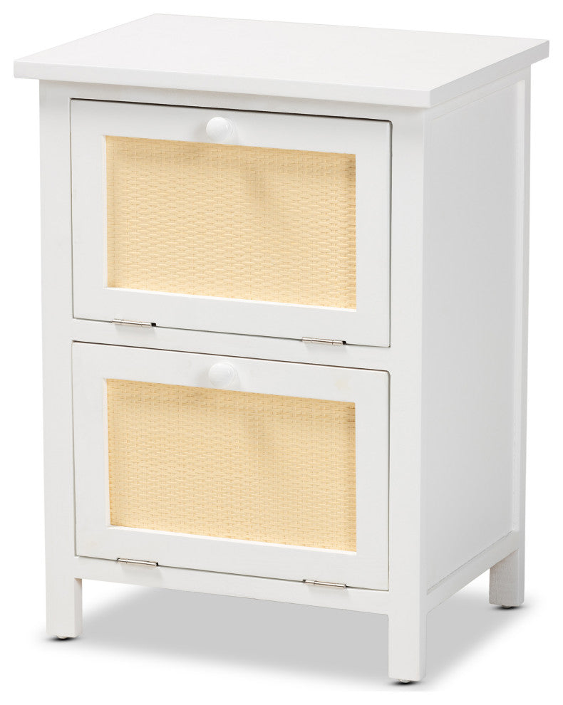 Lucero Mid-Century White Finished Wood and Rattan 2-Door Nightstand