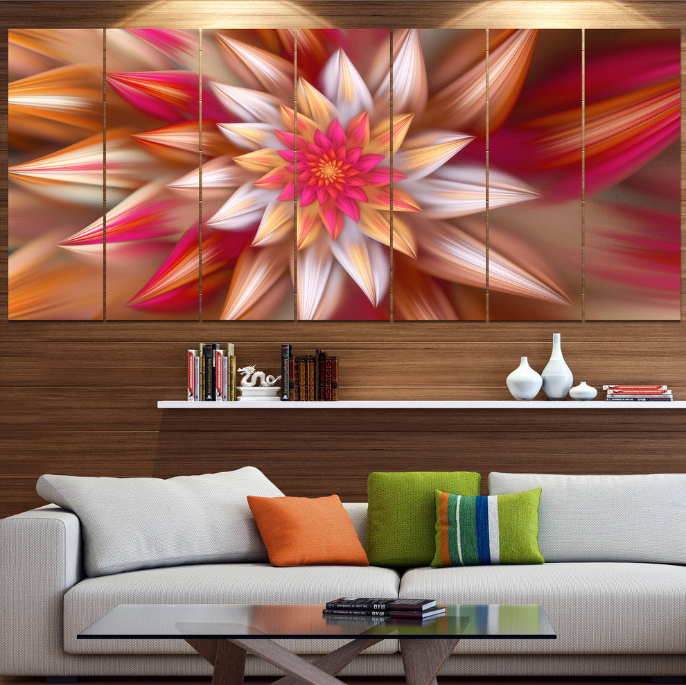 Huge Red Fractal Flower, Floral Canvas Art Print, 83"x32", 7 Panels