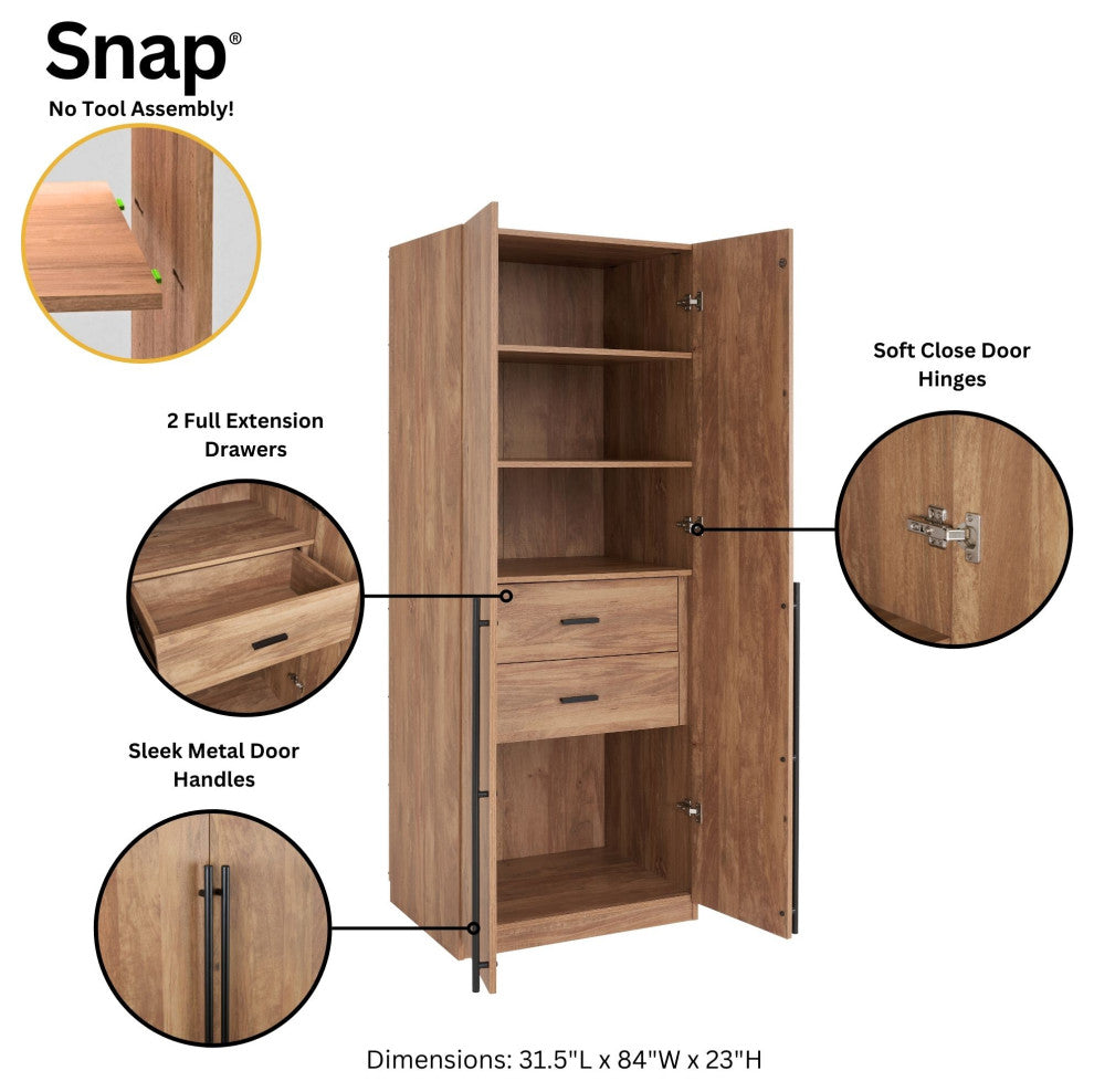 Lee Modern 2-Piece Wardrobe With 1 Rod, 4 Drawers & 5 Shelves, Golden Brown