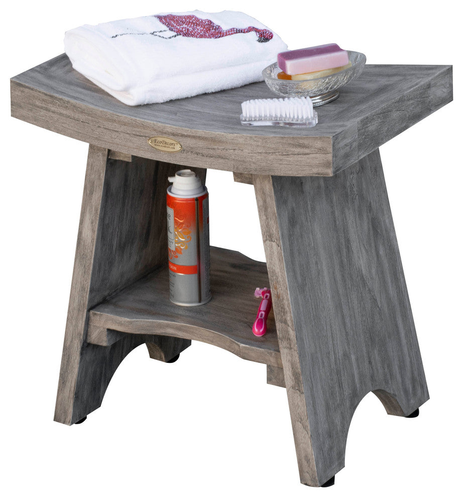 CoastalVogue Serenity 18" Eastern Style Teak Shower Bench Stool With Shelf