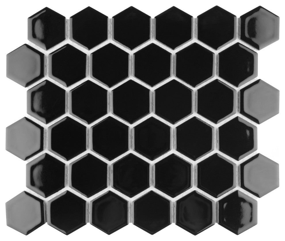 Hudson Due 2" Hex Glossy Black Porcelain Floor and Wall Tile