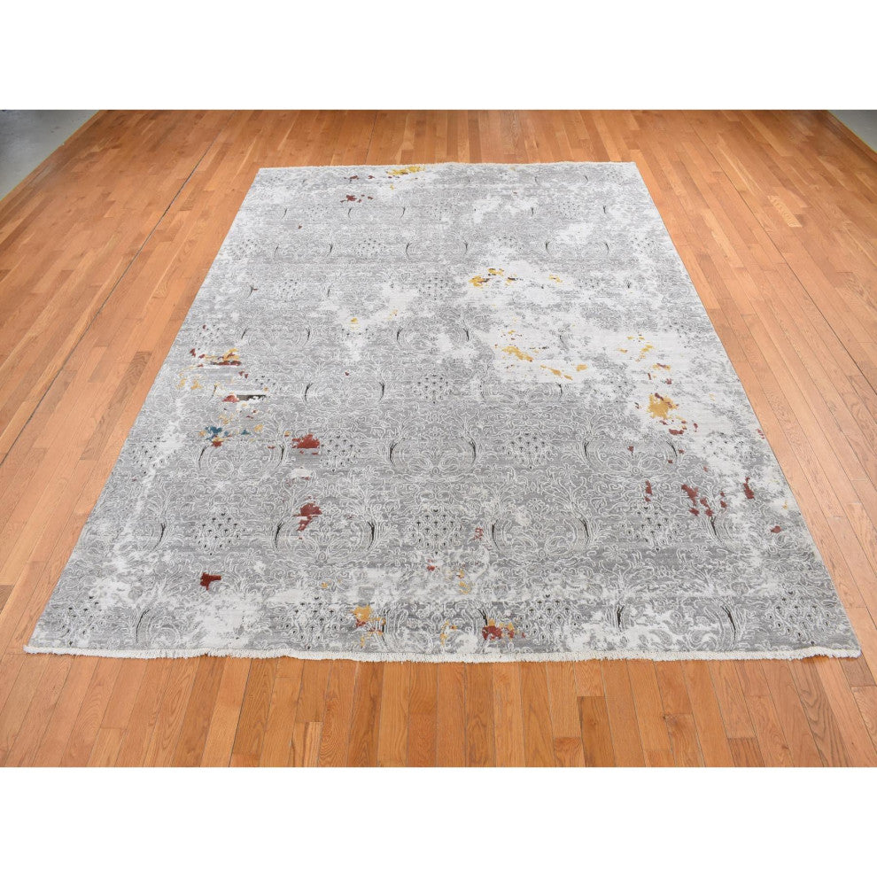 Gray, Hand Knotted, Modern Broken Design Wool and Silk Rug, 8'9"x11'10"
