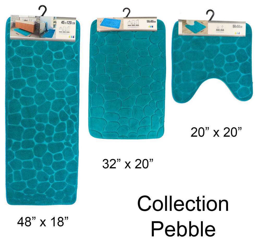 Bath Rug Memory Foam Mat 3D Pebble, Peacock Blue, Runner Mat 48"