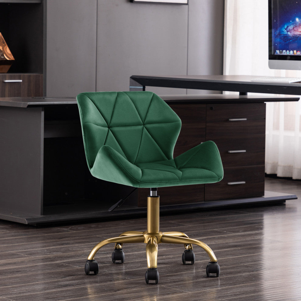 Cute Pointed Armrest Velvet Rolling Chair, Dark Green