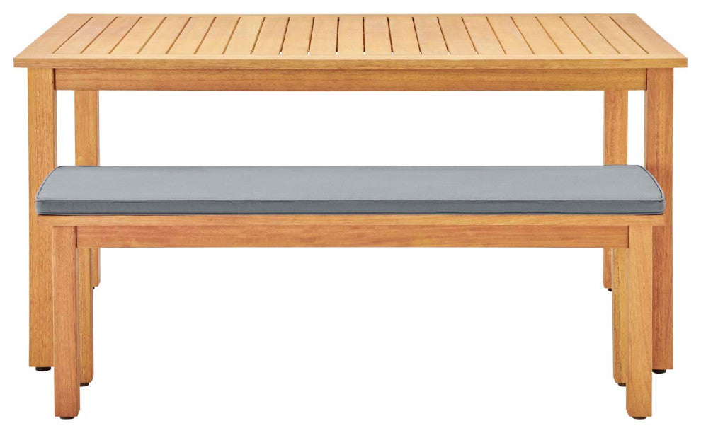 Side Dining Bench Chair and Table Set, Rectangular, Wood, Natural Gray, Outdoor