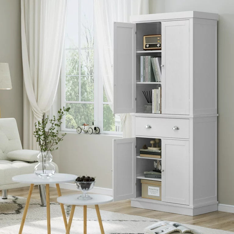 Elegant Pantry Cabinet, Wide Storage Drawer & 4 Paneled Doors With Inner Shelves