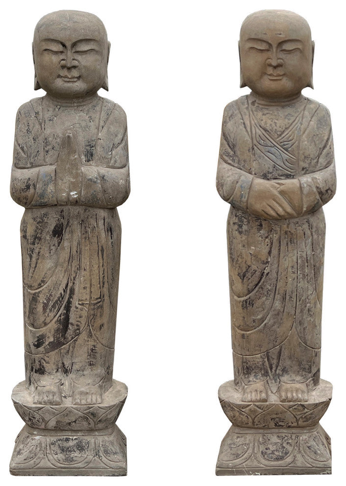 Pair Chinese Stone Carved Standing Zen Garden Monk Lohon Statues Hcs7645