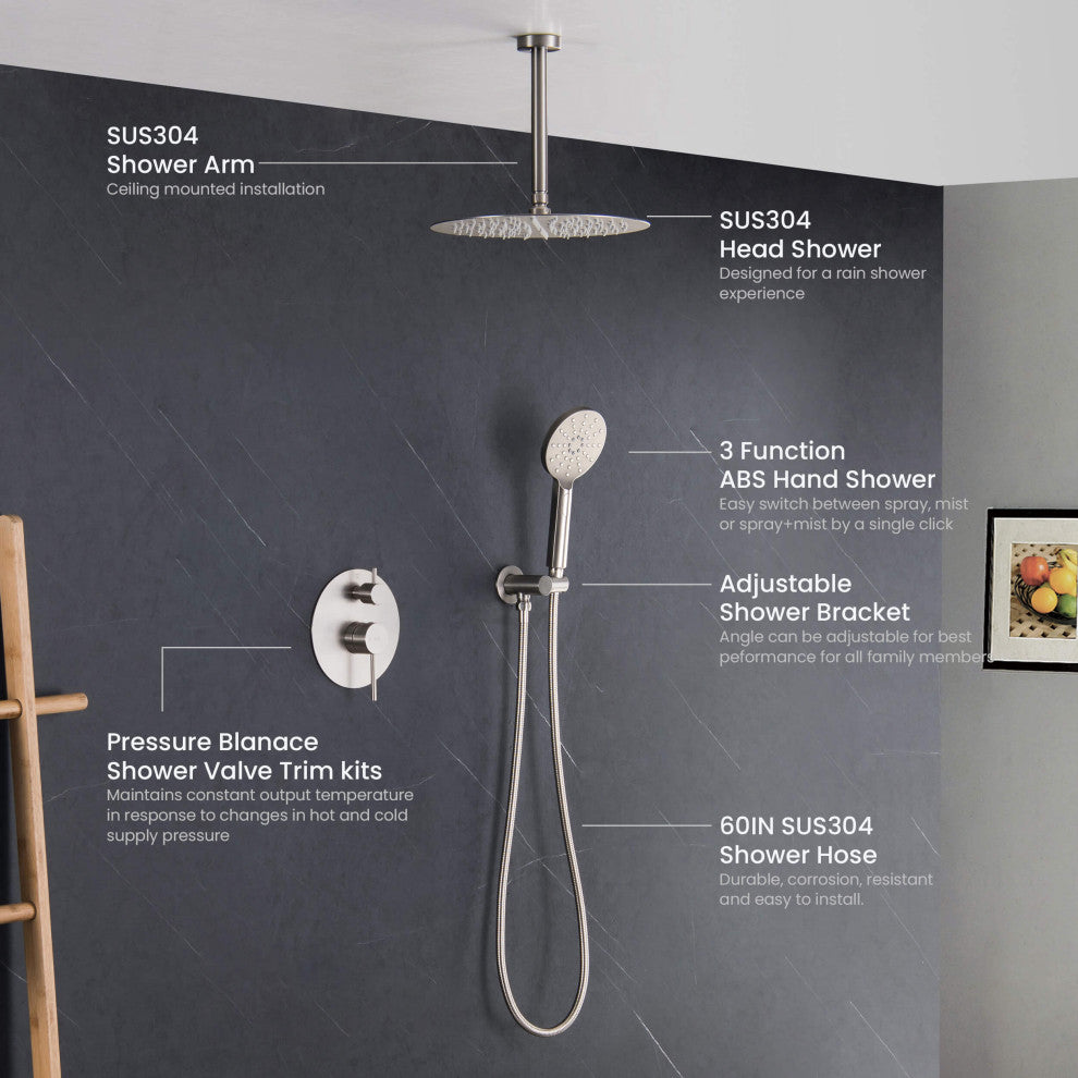 Ceiling Mounted 2-Function Shower System, Rough, Valve, Brushed Nickel