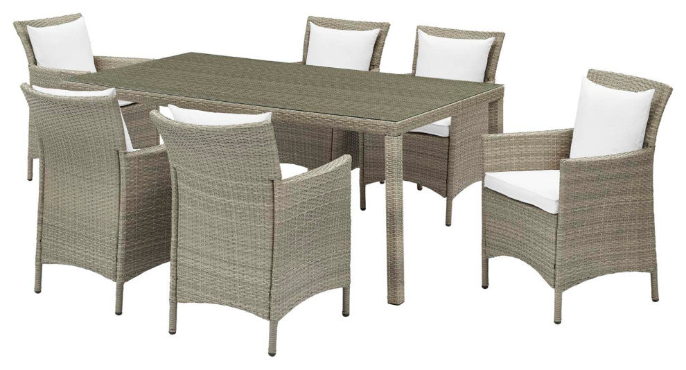 Side Dining Chair and Table Set, Rattan, Wicker, Gray White, Outdoor