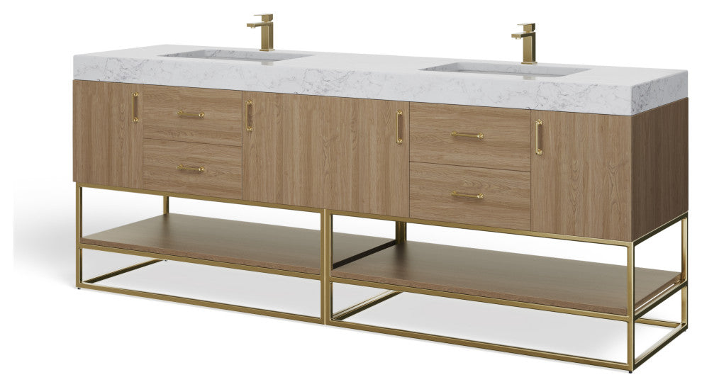 Bahia Bath Vanity, Oak, 84", Brushed Gold Hardware, Double, Freestanding
