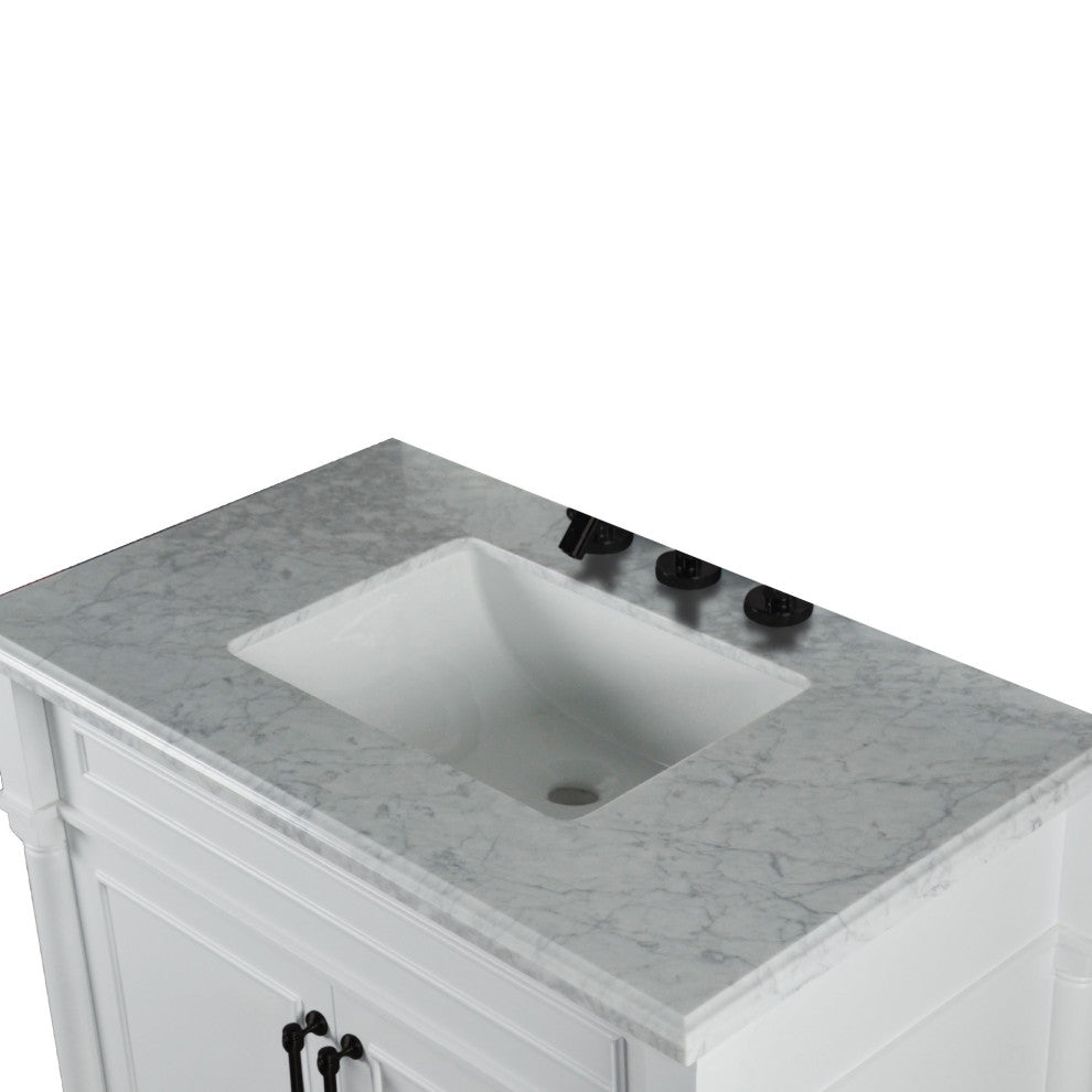 36" Single Vanity, White With White Carrara Marble Top