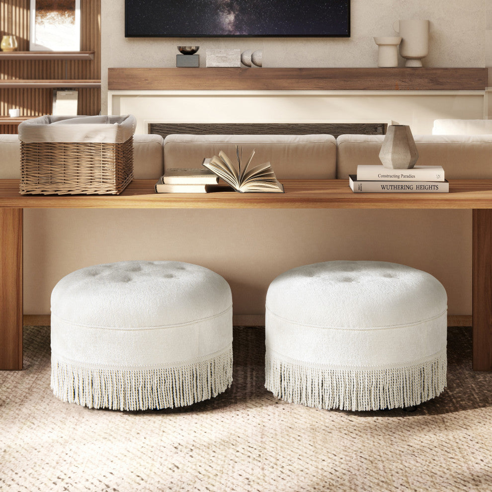 Yolanda 24" Upholstered Round Accent Ottoman, Almond White Chenille