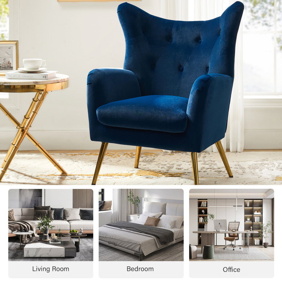Tufted Accent Chair With Golden Legs, Navy