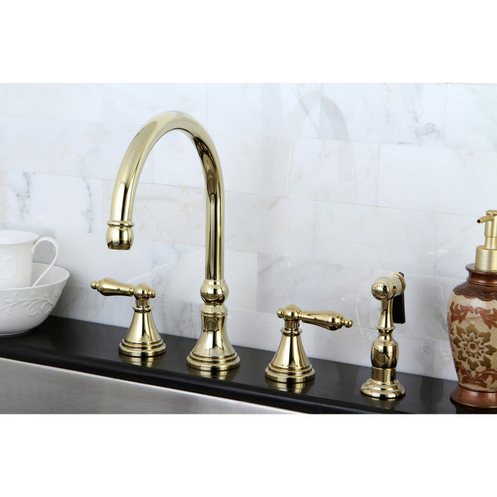 Kingston Brass Widespread Kitchen Faucet With Brass Sprayer, Polished Brass
