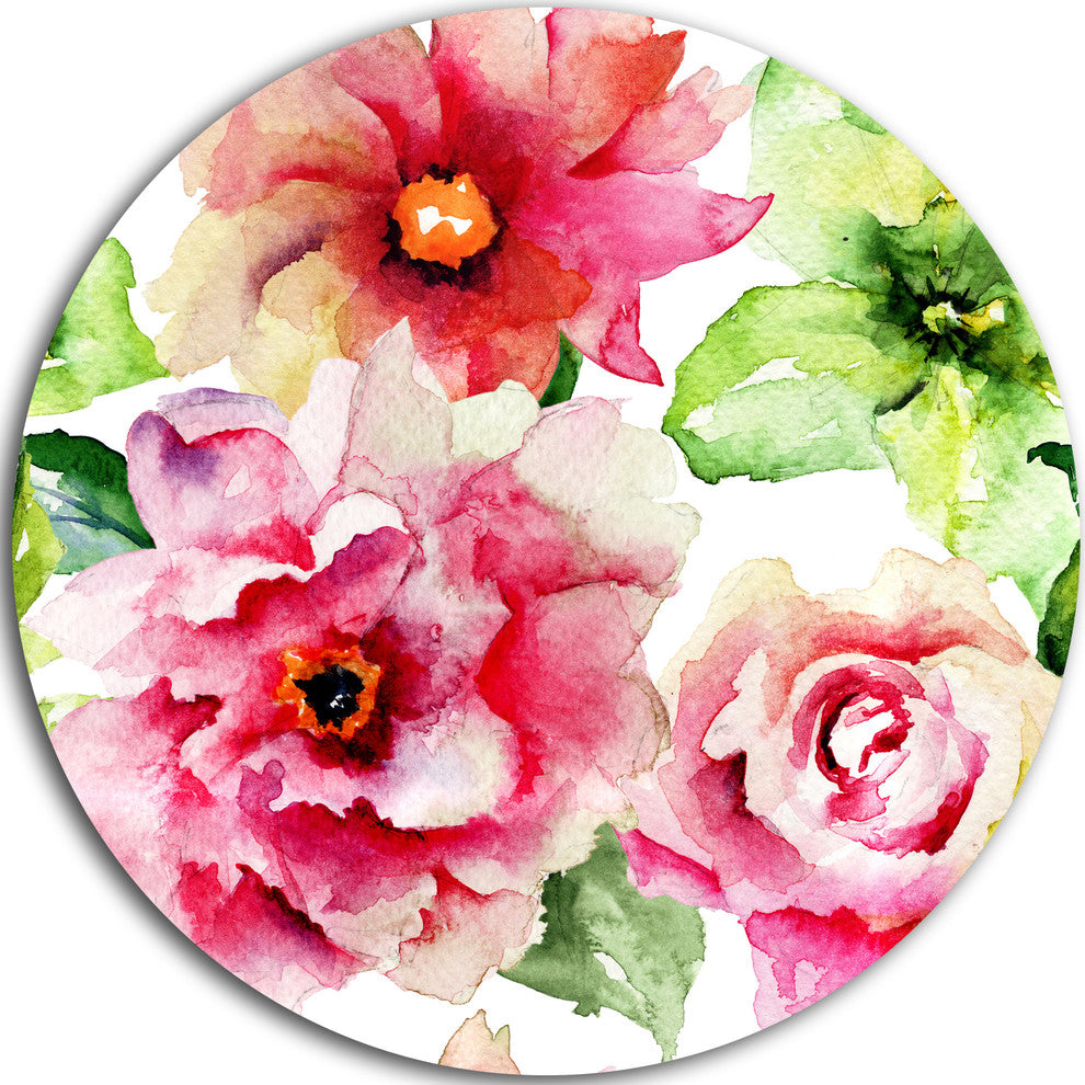 Roses And Gerber Flowers Watercolor, Floral Round Metal Wall Art, 23"