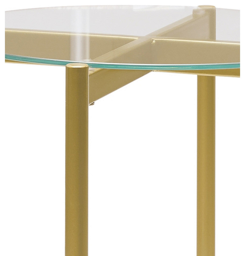 Benzara BM226512 Glass Top Metal End Table with Marble Shelf, Gold and White
