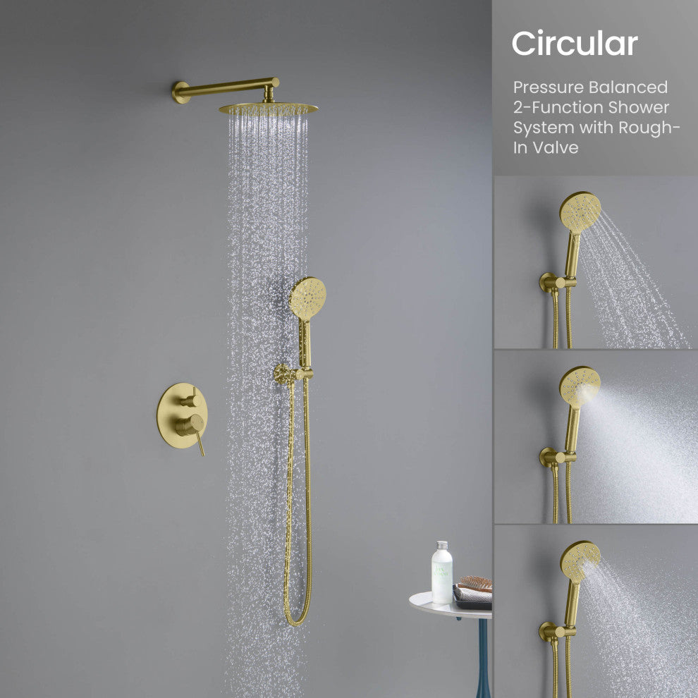 Circular Pressure 2-Function Shower System, Rough-In Valve, Brushed Gold