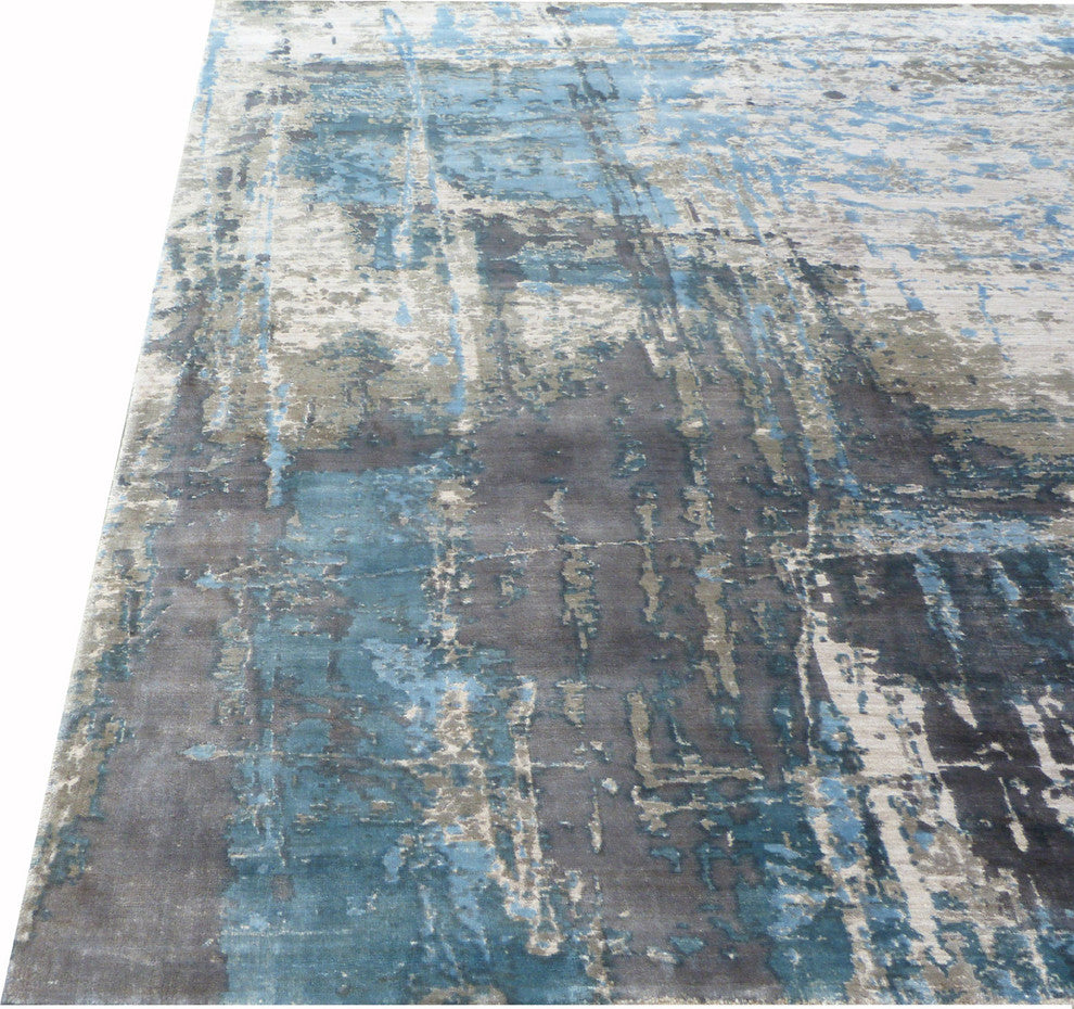 Reflections Hand-Loomed Bamboo Silk and Cotton Beige/Blue Area Rug, 8'x10'