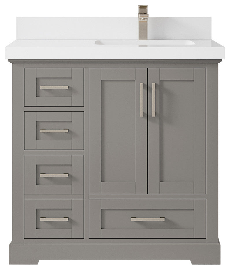 Boston 36 Right Offset Bath Vanity in Elephant Skin Gray 2" White Quartz